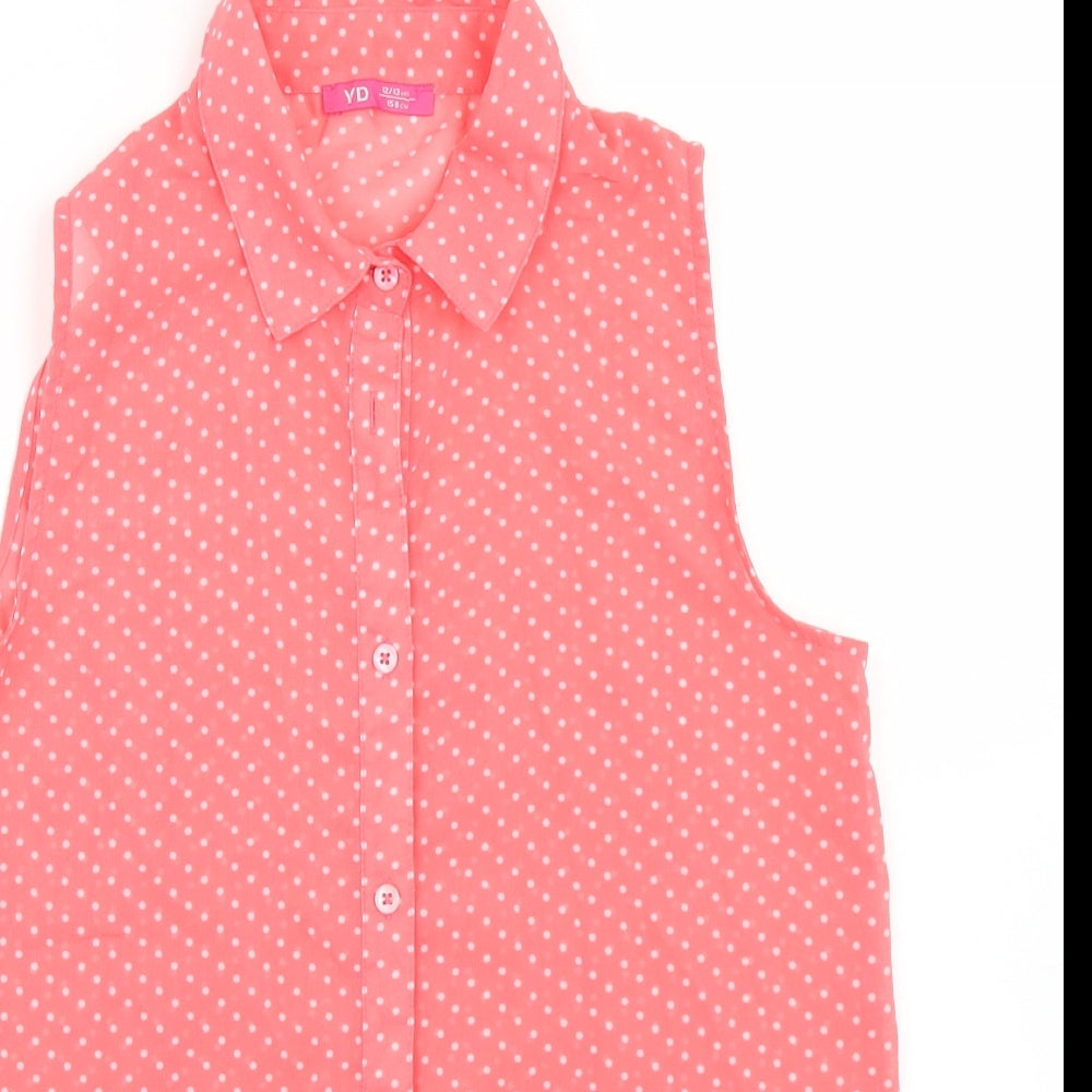 Young Dimension Girls Pink Polka Dot Polyester Basic Button-Up Size 12-13 Years Collared Button