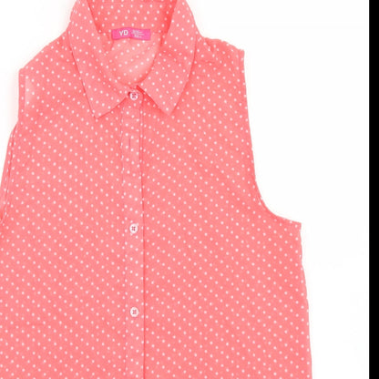 Young Dimension Girls Pink Polka Dot Polyester Basic Button-Up Size 12-13 Years Collared Button