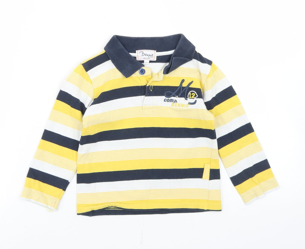 Additional front view of Bennie Kids boys’ yellow striped cotton basic polo, size 2, years collared button