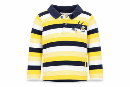 Front view of Bennie Kids boys’ yellow striped cotton basic polo, size 2, years collared button