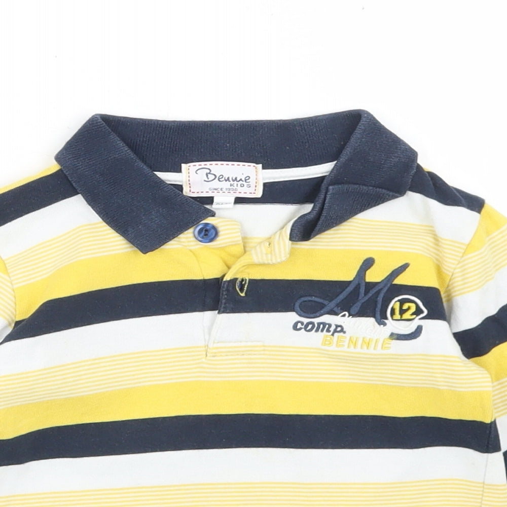 Close-up detail of Bennie Kids boys’ yellow striped cotton basic polo, size 2, years collared button