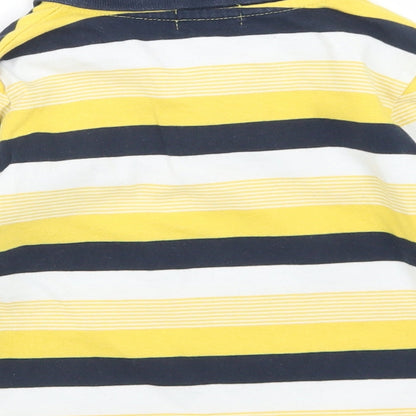 Brand and care label for Bennie Kids boys’ yellow striped cotton basic polo, size 2, years collared button