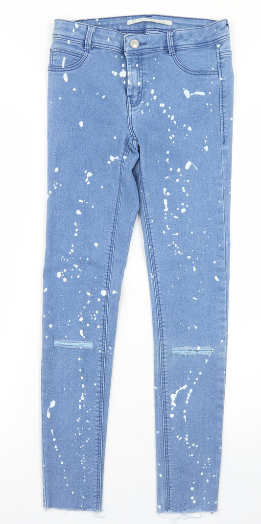 Zara Womens Blue Polka Dot Cotton Skinny Jeans Size 8 L25 in Regular Button - Paint Splatter Print