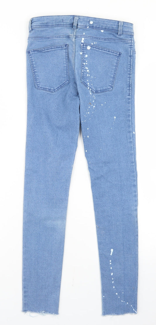 Zara Womens Blue Polka Dot Cotton Skinny Jeans Size 8 L25 in Regular Button - Paint Splatter Print