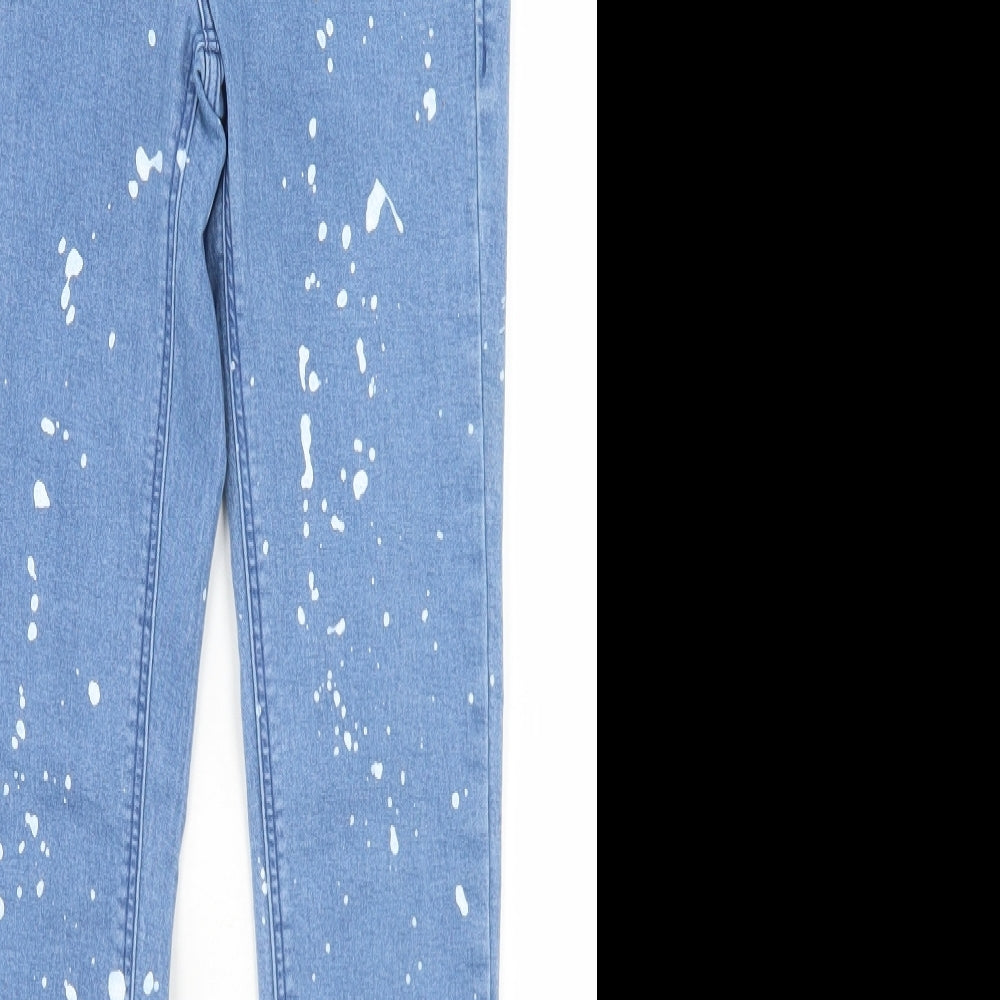 Zara Womens Blue Polka Dot Cotton Skinny Jeans Size 8 L25 in Regular Button - Paint Splatter Print