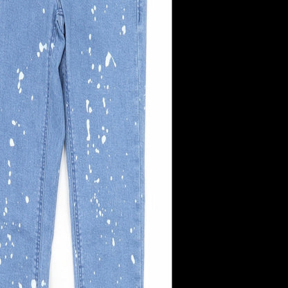 Zara Womens Blue Polka Dot Cotton Skinny Jeans Size 8 L25 in Regular Button - Paint Splatter Print
