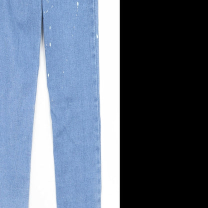 Zara Womens Blue Polka Dot Cotton Skinny Jeans Size 8 L25 in Regular Button - Paint Splatter Print