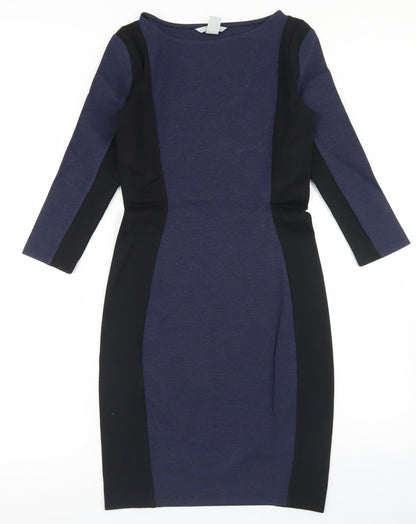 H&M Womens Blue Colourblock Viscose Bodycon  Size XS  Round Neck
