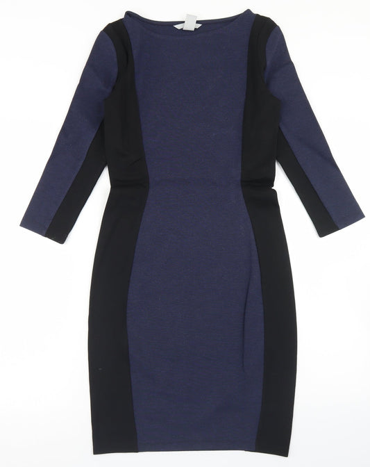 H&M Womens Blue Colourblock Viscose Bodycon  Size XS  Round Neck
