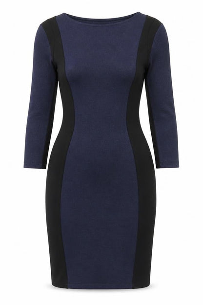 Front view of H&M women’s blue colourblock viscose bodycon, size XS, round neck