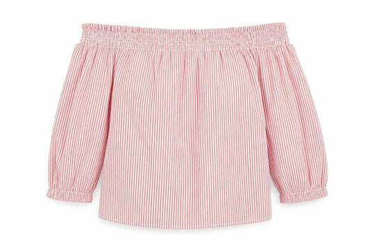 Front view of Atmosphere women’s red striped cotton cropped blouse, size UK 10, off the shoulder