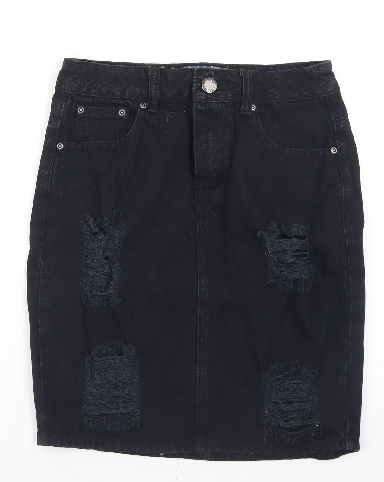 C&J Cosmic Womens Black  Cotton Straight & Pencil Skirt Size 8   Button - Distressed