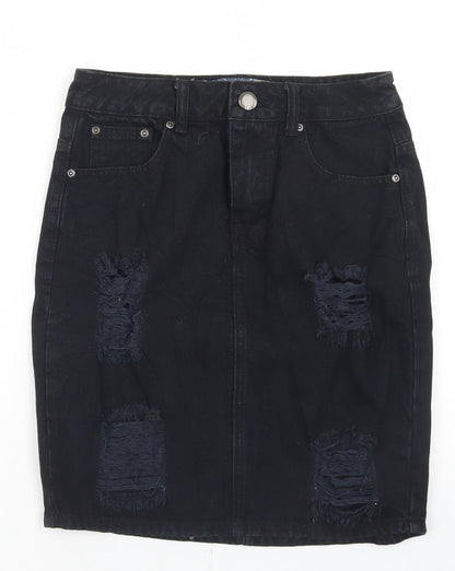C&J Cosmic Womens Black  Cotton Straight & Pencil Skirt Size 8   Button - Distressed