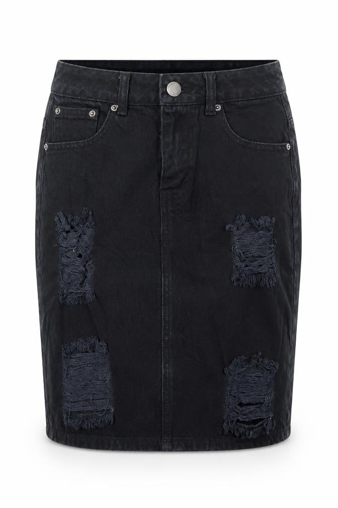 Front view of C&J Cosmic women’s black cotton straight & pencil skirt, size UK 8, button - distressed