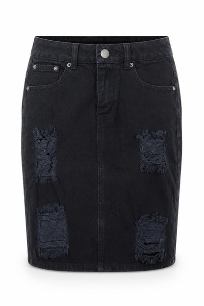 Front view of C&J Cosmic women’s black cotton straight & pencil skirt, size UK 8, button - distressed