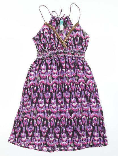 Ocean Club Womens Purple Animal Print Cotton Skater Dress  Size 8  Round Neck