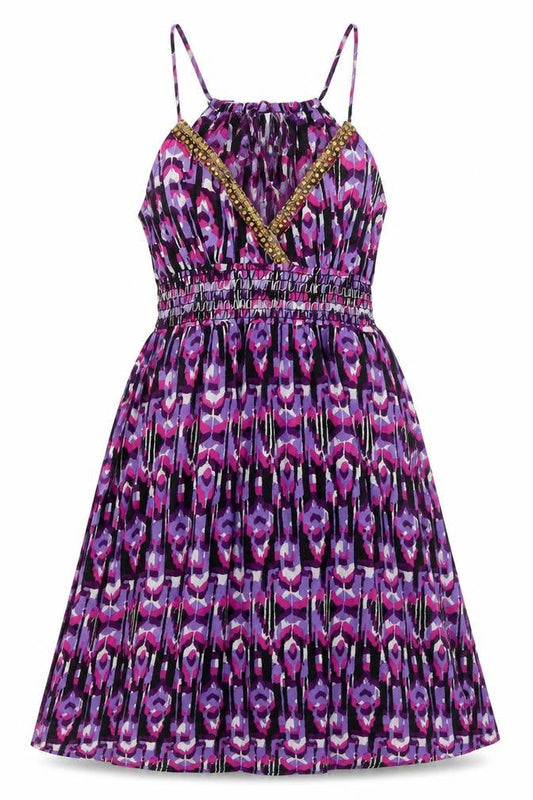 Front view of Ocean Club women’s purple animal print cotton skater dress, size UK 8, round neck