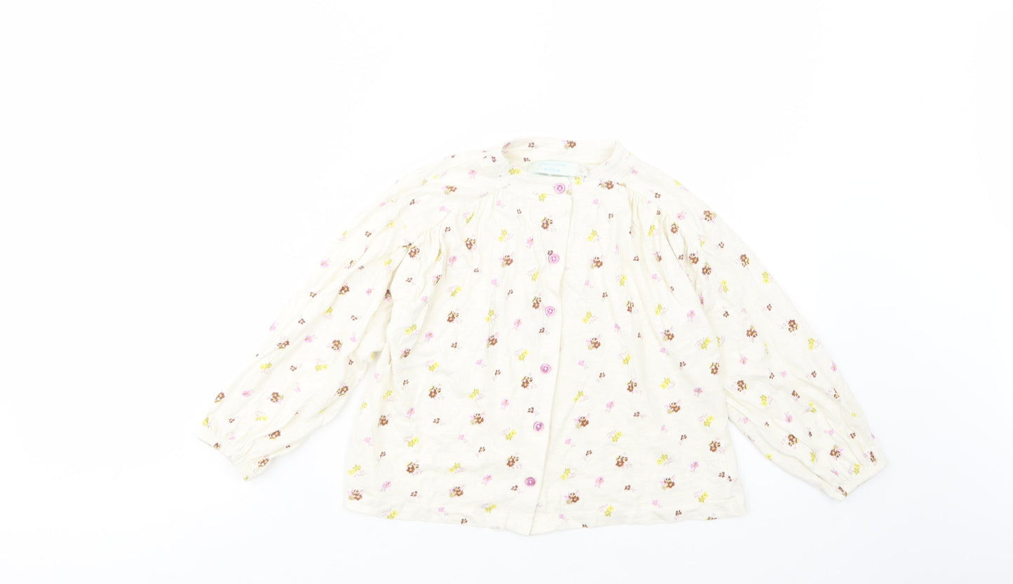 Leigh Tucker Girls Ivory Floral Cotton Basic Button-Up Size 5-6 Years Crew Neck Button