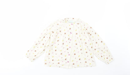 Leigh Tucker Girls Ivory Floral Cotton Basic Button-Up Size 5-6 Years Crew Neck Button