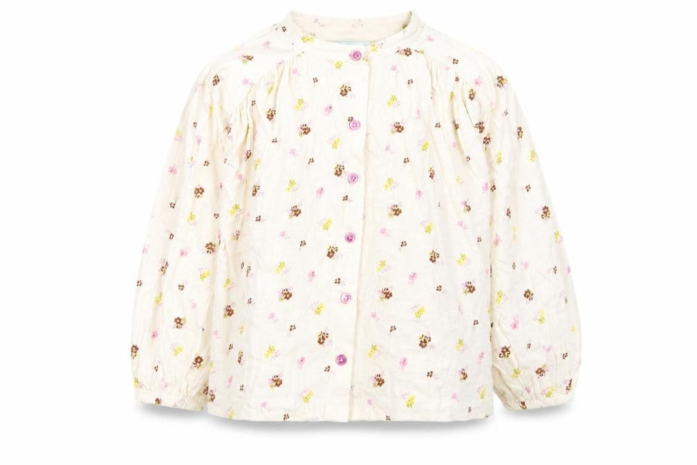Front view of Leigh Tucker girls’ ivory floral cotton basic button-up, size 5-6, years crew neck button
