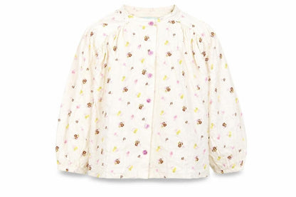 Front view of Leigh Tucker girls’ ivory floral cotton basic button-up, size 5-6, years crew neck button