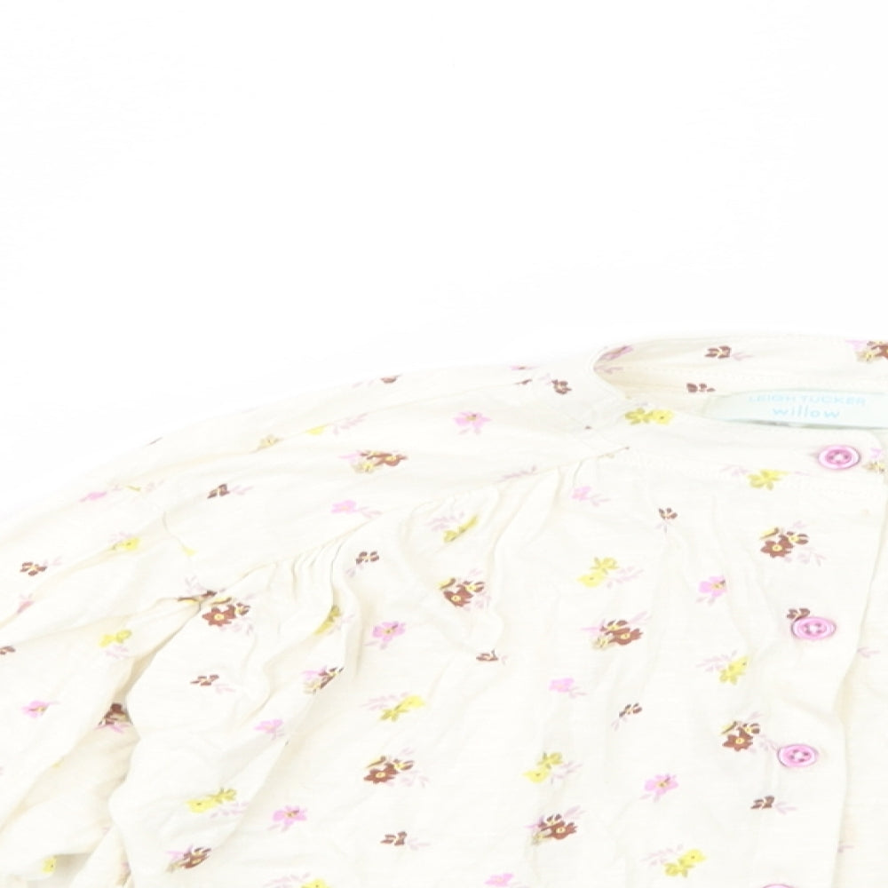 Leigh Tucker Girls Ivory Floral Cotton Basic Button-Up Size 5-6 Years Crew Neck Button