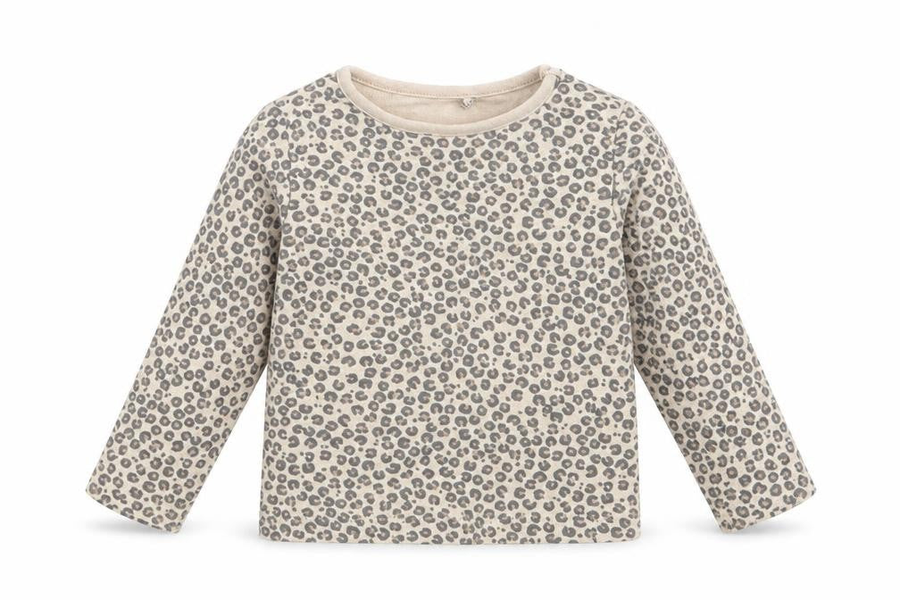 Front view of Tu Baby Beige Animal Print Cotton Basic T-Shirt, size 9-12, Months Crew Neck Pullover