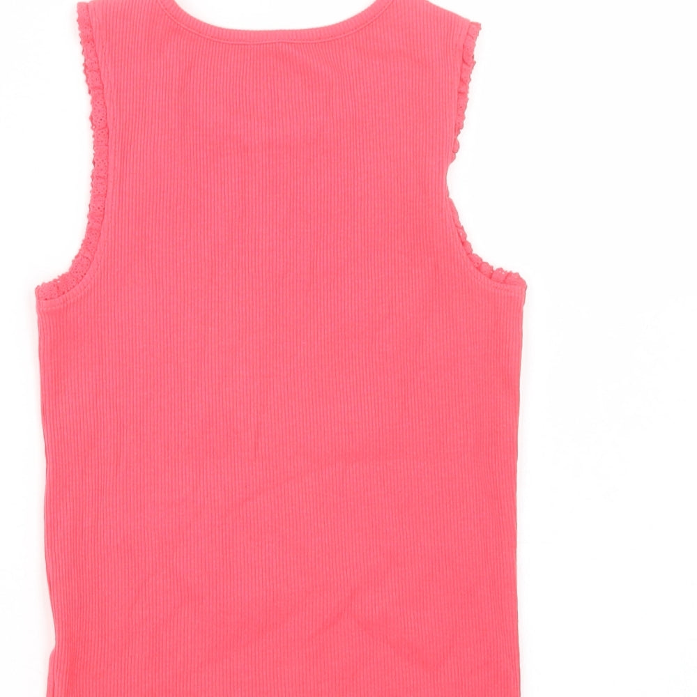 Brand and care label for F&F girls’ pink cotton basic tank, size 6-7, years crew neck pullover