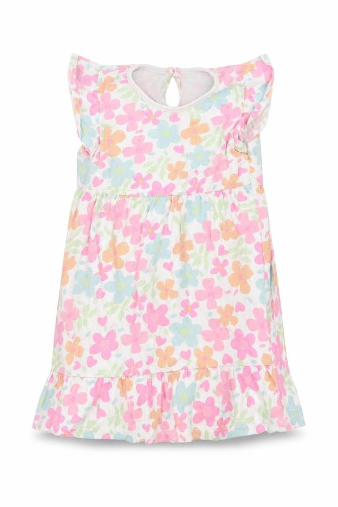 Front view of Dunnes Baby Multicoloured Floral Cotton Fit & Flare, size 18-24, Months Crew Neck Button