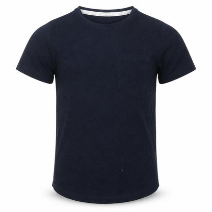 Front view of Next boys’ blue cotton basic t-shirt, size 8, years crew neck pullover