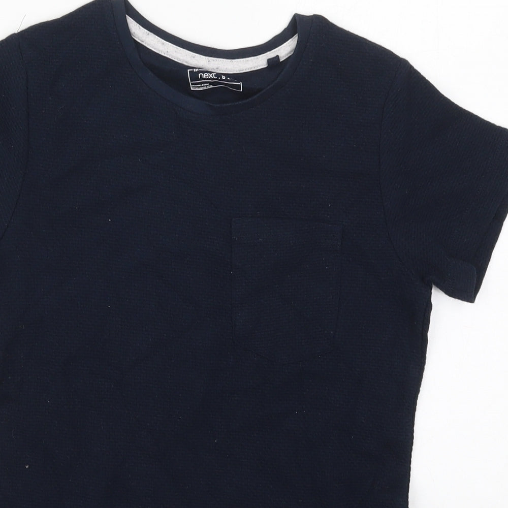 Close-up detail of Next boys’ blue cotton basic t-shirt, size 8, years crew neck pullover