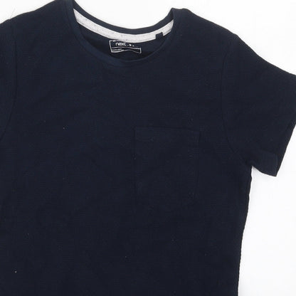 Close-up detail of Next boys’ blue cotton basic t-shirt, size 8, years crew neck pullover