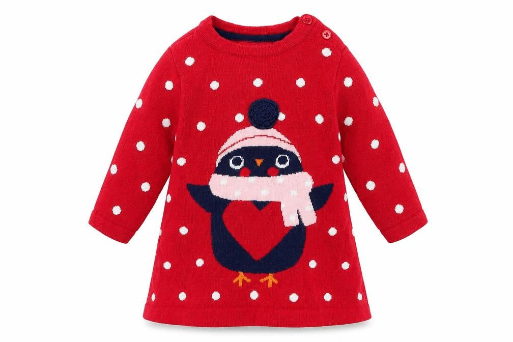 Front view of Early Days girls’ red polka dot cotton jumper, size 0-3, months pullover - penguin