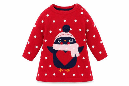 Front view of Early Days girls’ red polka dot cotton jumper, size 0-3, months pullover - penguin