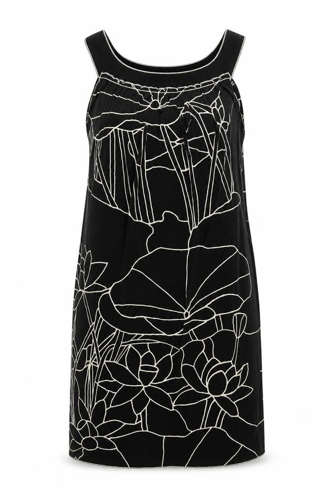 Front view of Max Edition women’s black floral polyester tank dress, size S, boat neck pullover