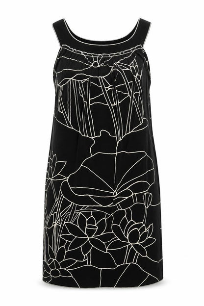 Front view of Max Edition women’s black floral polyester tank dress, size S, boat neck pullover