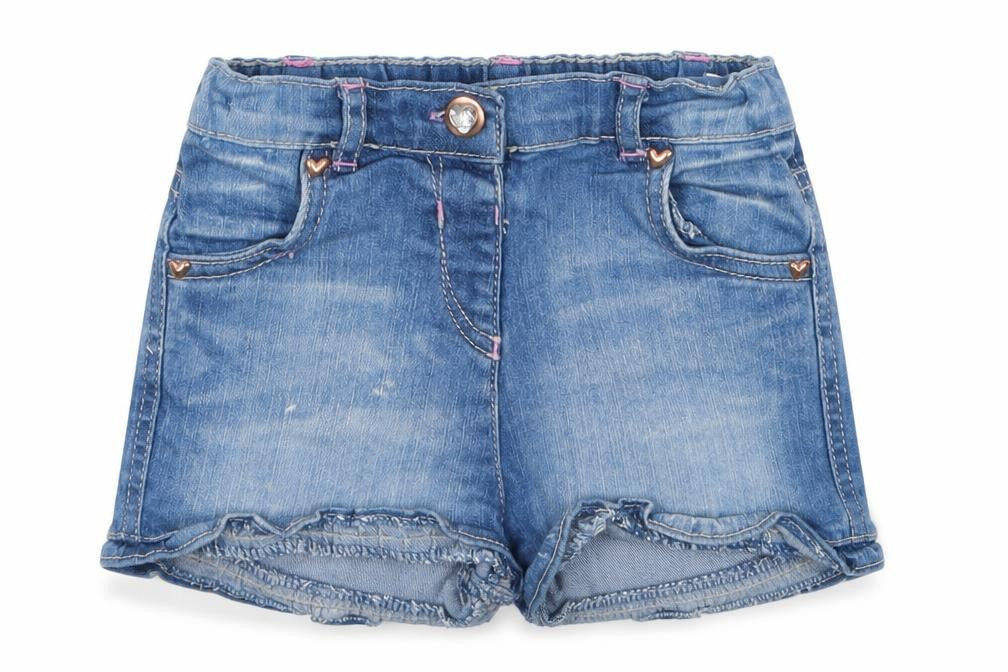 Front view of Tu girls’ blue cotton rain trousers jeans, size 12-18, months button