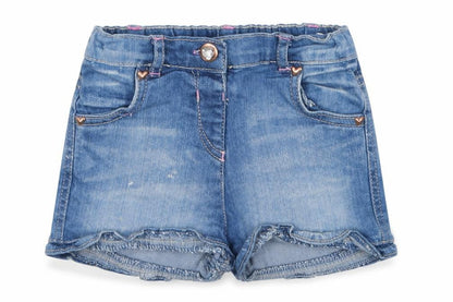 Front view of Tu girls’ blue cotton rain trousers jeans, size 12-18, months button