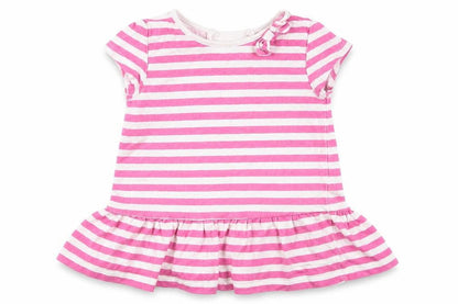 Front view of Matalan girls’ pink striped cotton skater dress, size 9-12, months crew neck pullover