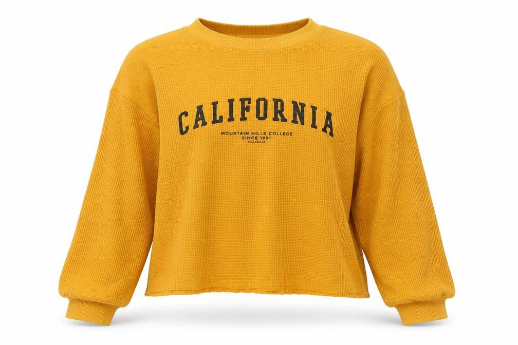 Front view of Pacific Republic women’s yellow cotton pullover sweatshirt, size S, pullover - california