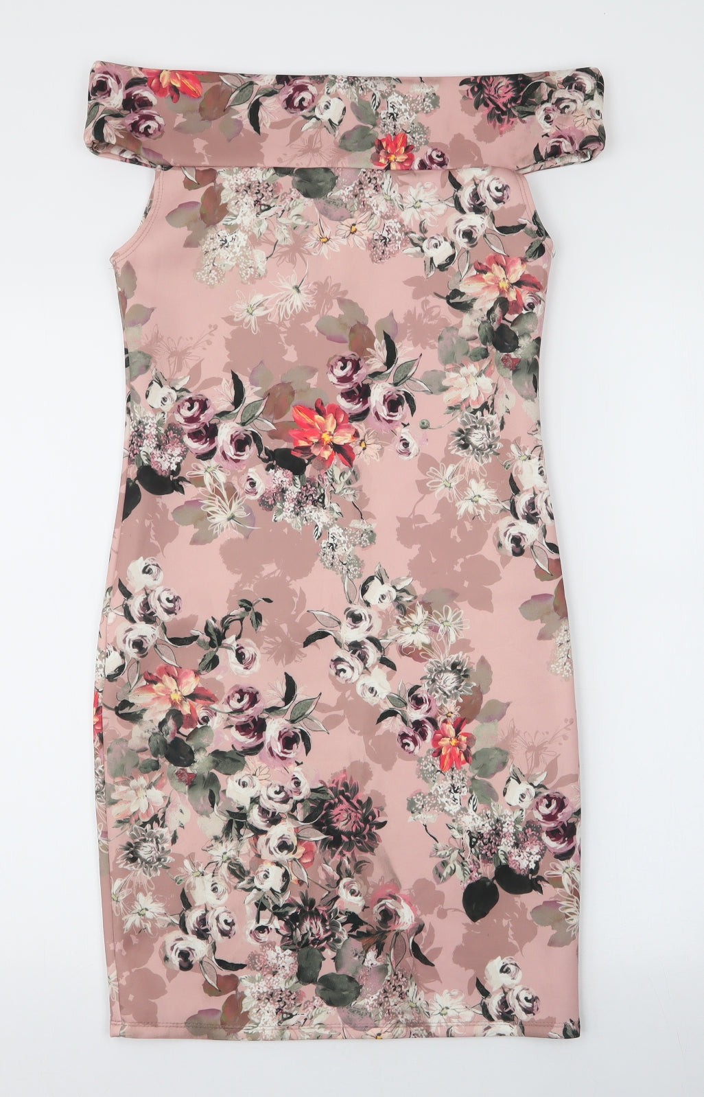 Boohoo Womens Pink Floral Polyester Pencil Dress  Size M  Off the Shoulder Pullover