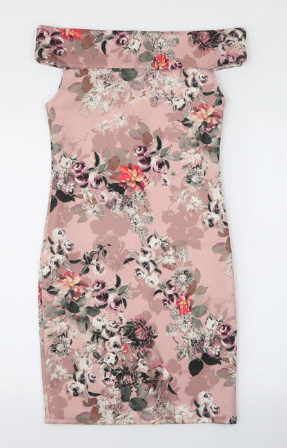 Boohoo Womens Pink Floral Polyester Pencil Dress  Size M  Off the Shoulder Pullover