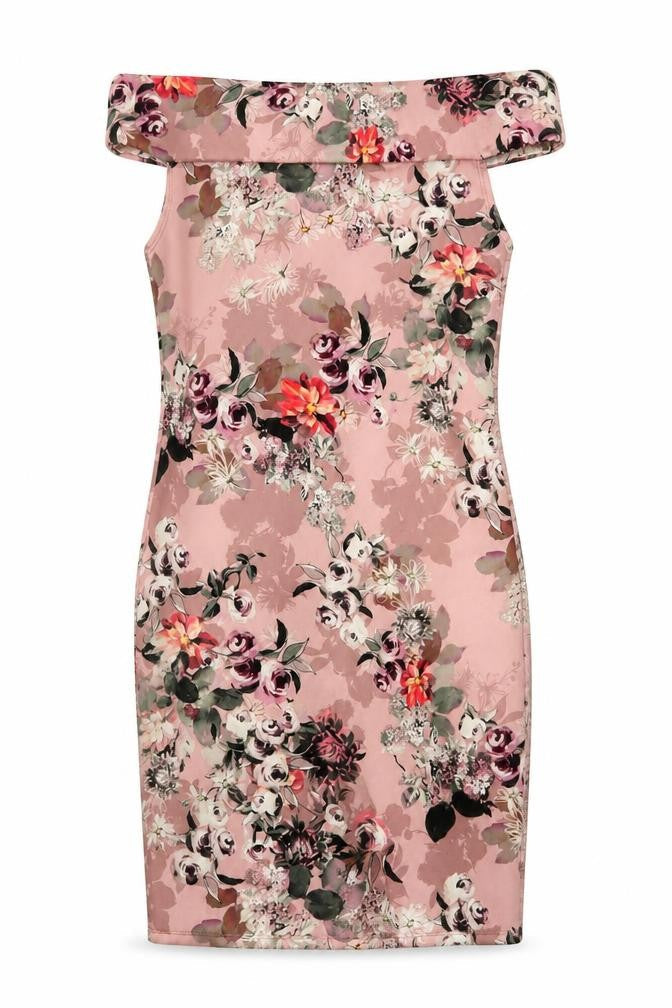 Front view of Boohoo women’s pink floral polyester pencil dress, size M, off the shoulder pullover