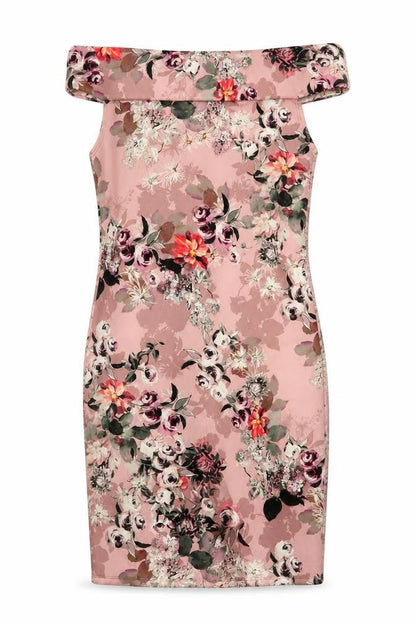 Front view of Boohoo women’s pink floral polyester pencil dress, size M, off the shoulder pullover