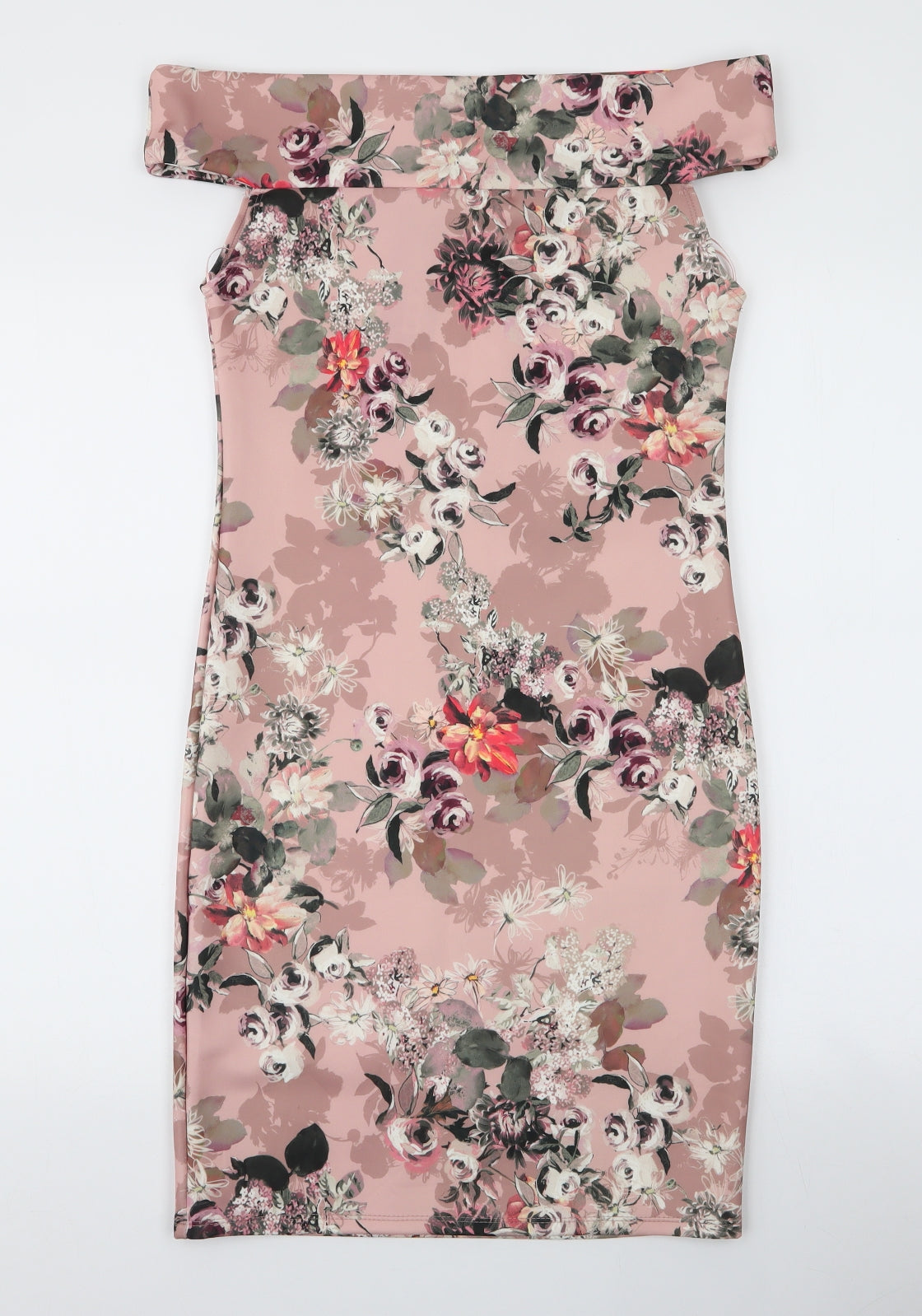 Boohoo Womens Pink Floral Polyester Pencil Dress  Size M  Off the Shoulder Pullover