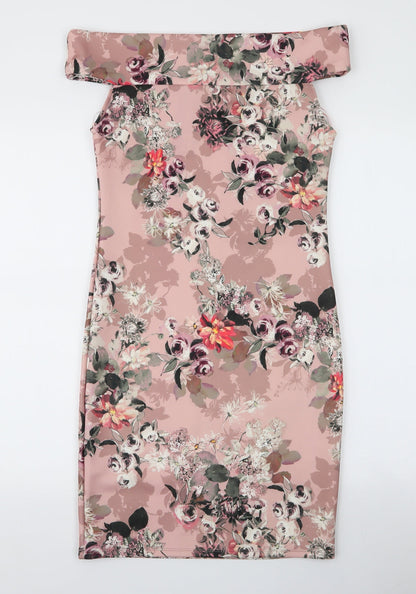 Boohoo Womens Pink Floral Polyester Pencil Dress  Size M  Off the Shoulder Pullover