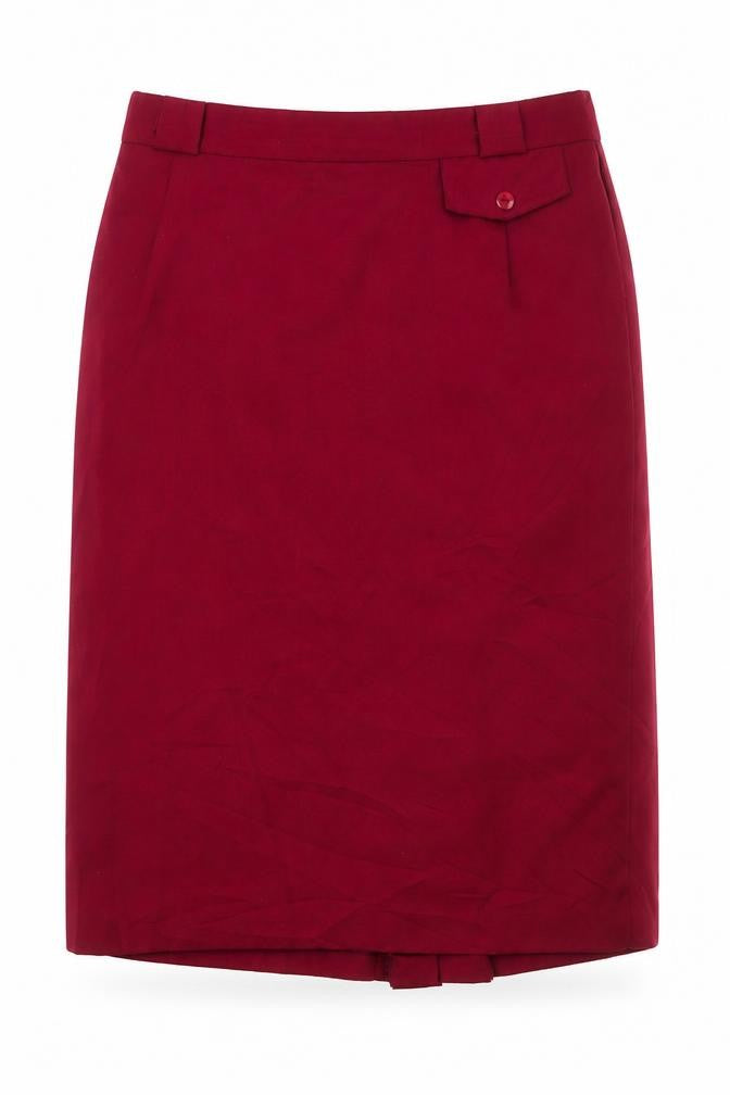 Front view of Jacwin women’s red polyester straight & pencil skirt, size UK 32, in zip