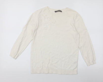 Oasis Womens Ivory Round Neck  Cotton Pullover Jumper Size S