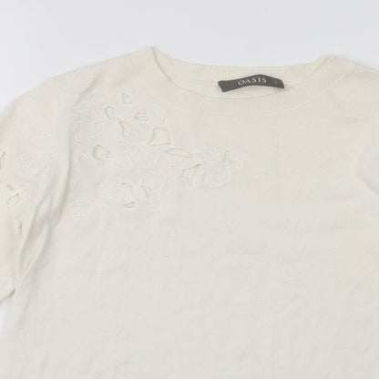 Oasis Womens Ivory Round Neck  Cotton Pullover Jumper Size S