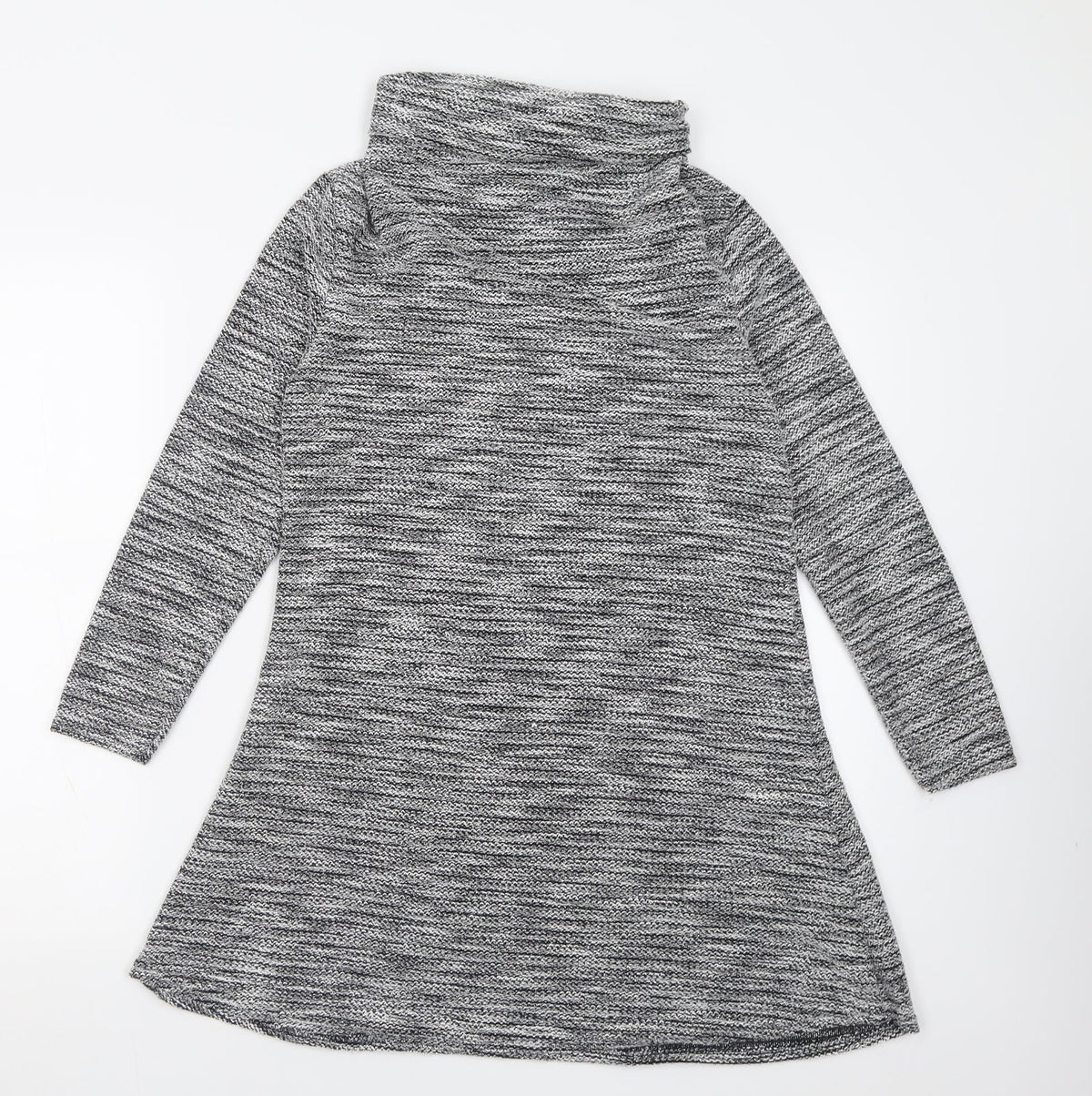 Front view of Miss Sassy women’s silver polyester fit & flare, size S, roll neck pullover
